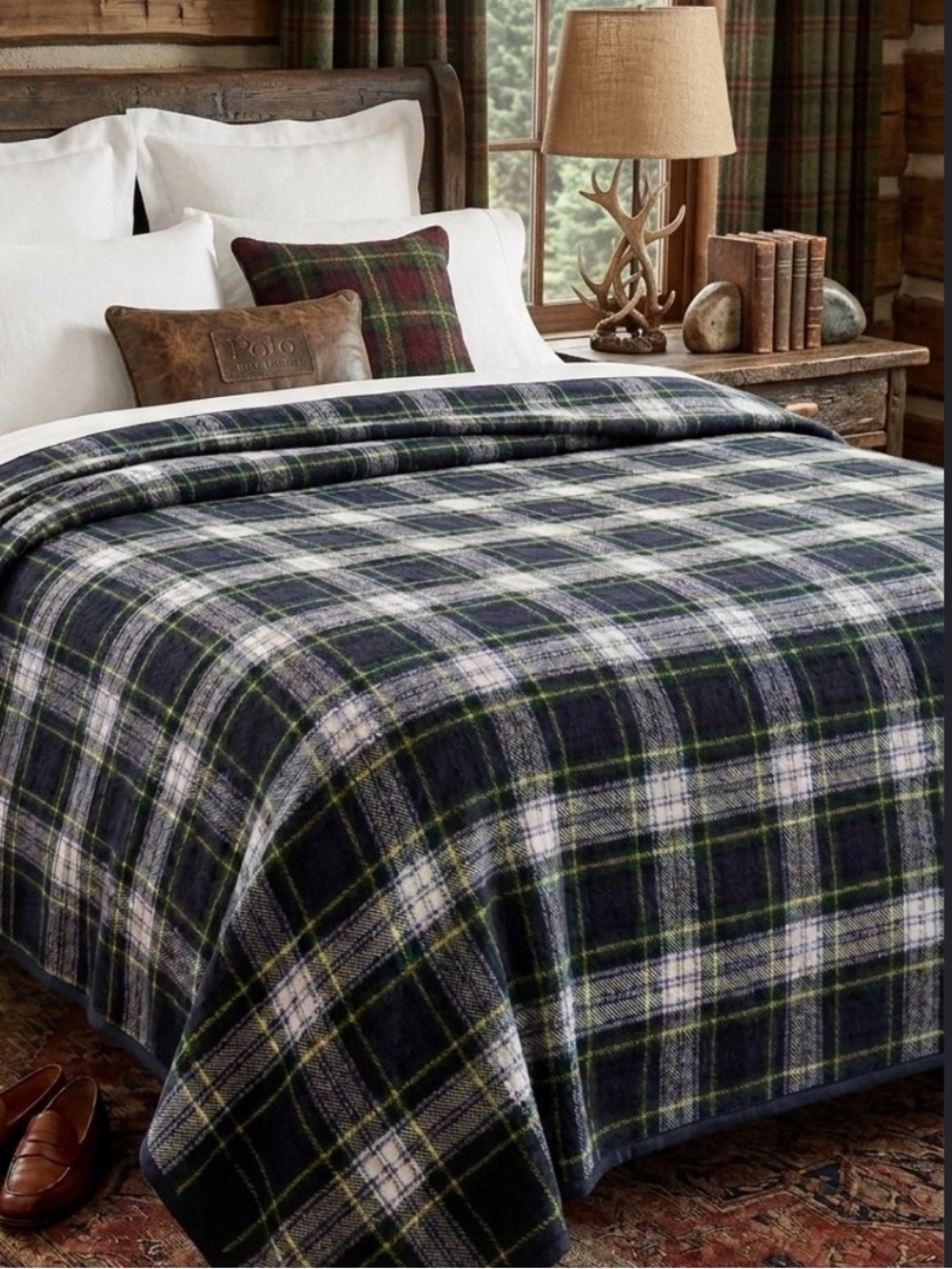 Ralph Lauren Vintage 100% Wool Plaid Blanket Queen Full Green Blue Made In USA